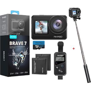 AKASO Brave 7 Action Camera 4K30FPS 20MP with 64GB U3 MicroSDXC Memory Card, Touch Screen IPX8 33FT EIS 2.0 Zoom Camera with 60cm Selfie Stick Tripod Stand Bundle