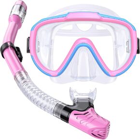 Kids Snorkel Set, Anti-Fog Panoramic Tempered Glass Kids Snorkel mask, Anti-Leak Scuba Diving Mask with Mesh Bag, Dry Top Snorkeling Gear for Kids and Youth Age 4-16