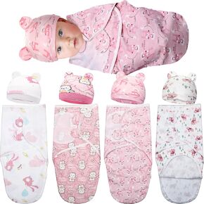 4 Pack Baby Swaddles with Zipper and Hat Preemie Swaddles for 0-3 Months Newborn Soft Cotton Organic Baby Swaddles(Bear, Rabbit Style,Stylish Color)