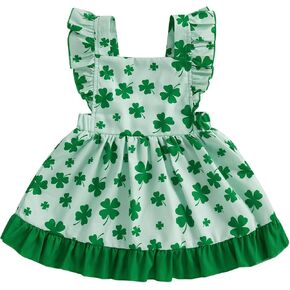 St Patricks Day Baby Girl Outfit Cute Shamrock Print Sleeveless Square Neck Party A-Line Dress