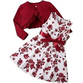 WDIRARA Toddler Girl's 2 Piece Outfits Floral Bow Flared Tank Dress and Ruffle Cardigan Clothes Set