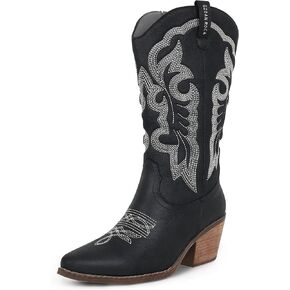 Women Cowboy Boots, Western Mid-Calf Point Toe Embroidered Side Zippe Boots Retro Fashion Women's Cowgirl Boot