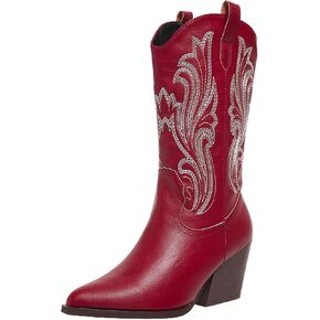 Women Cowboy Boots Mid Calf Cowgirl Boot Western Embroidered Pointed Toe Chunky Heel Pull On Wid Calf Ladies Boots