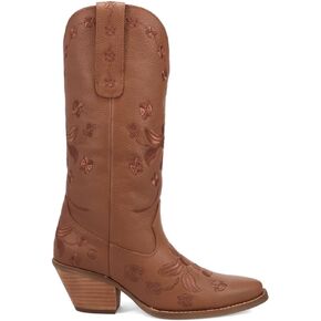 Dingo Womens Love Bug Floral Embroidered Snip Toe Casual Boots Mid Calf Mid Heel 2-3" - Brown