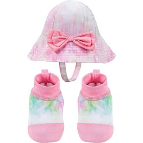 Kids Boys and Girls, Baby Swim Marbleized Hat and Booties Set, Pink Bow, Sun Protection UPF 50+ - Age 0-12 Months
