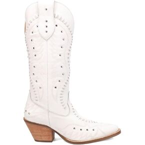 Dingo Womens Pretty N' Pink Embroidered Studded Snip Toe Pull On Casual Boots Mid Calf Mid Heel 2-3" - White