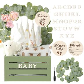 Wooden Baby Shower Crate Closet Sage Green Welcome Baby Gift Basket with Handles Baby Storage Wood Crate for Newborn Boys Girls New Parents