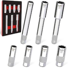 ABN Extra Deep Socket Set 7 Pieces - 3/8 Inch Drive Magnetic Grip Cr-V Deep Well Sockets - 6 Point 9/16, 5/8, and 13/16in - 12 Point 14, 16, and 18mm