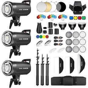 Godox Sk300ii-v Sk300iiv*3Kit Professional Strobe Flash 900Ws GN58 5700K Bowens Mount Photography 3-Light Set with Built-in Godox 2.4G Wireless X System and 10W Modeling Lamp Upgraded(2025)(3Pack)