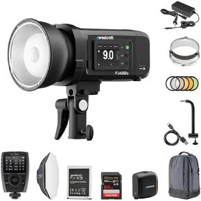 Westcott FJ400 II Strobe 1-Light Backpack Kit with FJ-X3 Flash Trigger | 550+ Full Power Flashes Touchscreen Strobe, 8" Shorty Offset Extension Arm and 64GB Extreme PRO SDXC Memory Card Bundle Set