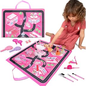 FabuKiddie Pink Toddler Play Mat for Girls - Foldable Kids Playmat Bundle with Toys, Dolls, Bag and 6 Stations to Visit - Floor Mats for Kids Playroom - Playmats for Toddlers,