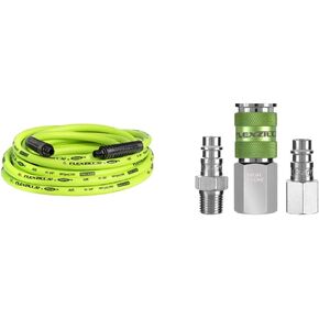 Flexzilla Air Hose, 3/8 in. x 25 ft., 1/4 in. MNPT Fittings, Heavy Duty, Lightweight, Hybrid, ZillaGreen - HFZ3825YW2 & Pro High Flow Coupler & Plug Kit (3 Piece), 1/4" NPT - A53452FZ