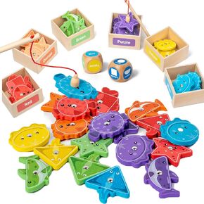 Montessori Toys for Toddlers 1-3,Wooden Magnetic Fishing Game Educational Shape & Color Sorting for Kid 3-5,Boy Girl Preschool Learning Motor Skill Matching Activities Toys for Ages 2-4(Box)