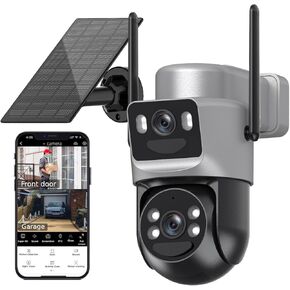 6MP Solar Security Camera Wireless Outdoor, 2.4ghz & 5ghz WiFi, Fixed & Rotating Dual Lens 2-in-1 Home Security Camera with Color Night Vision, Auto Tracking, Human Detection, Spotlight Siren