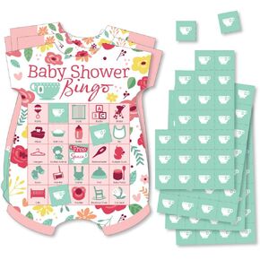Big Dot of Happiness Floral Let’s Par-Tea - Picture Bingo Cards and Markers - Garden Tea Party Baby Shower Shaped Bingo Game - Set of 18