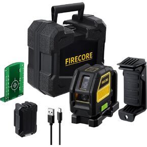 Firecore Laser Level Self Leveling, 130Ft Dual Power Outdoor Green Cross Line Laser with Pulse Mode, 150° Large Fan Angle of Vertical Beam, Laser Track Clip, Target Plate & Hard Carry Case