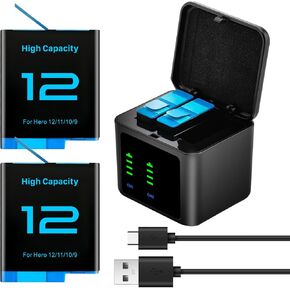 2 بطاريات استبدال حزمة 2500 مللي أمبير في GoPro Hero 12/11/10/9 مع محطة شاحن بطارية 3-Channel Type-C