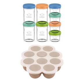 Keababies 4pk 8oz & 4pk 4oz Glass Baby Food Containers and Silicone Baby Food Freezer Tray with Clip-on Lid - Leak-Proof, Microwavable Small Baby Glass Jars with Lids - Food Silicone Freezer Mold