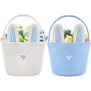 2 Pieces Easter Bunny Basket with Handle Woven Empty Rabbit Basket for Easter Egg Hunt Cute Candy Gifts Storage Party Favors Supplies(White, Blue)