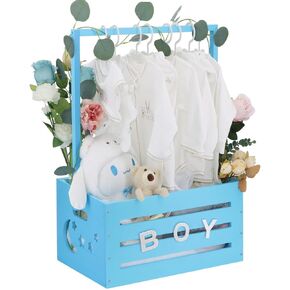 Wooden Baby Shower Crate Closet, Baby Shower Basket with Handle & Rack Hangers & Garland & Letter Cards Wooden Crate for Baby Shower Gifts Toy Storage Box Welcome Newborn Parents Party - Blue