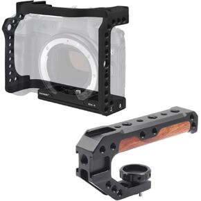 EOS R Camera Cage, EOS R Cage with Wooden Camera Top Handle with 3 Cold Shoes to Mount DSLR Camera