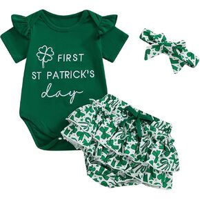 Newborn Baby Girl St Patricks Day Outfit My 1st St Patricks Day Short Sleeve Romper Clover Tutu Skirt Headband Set