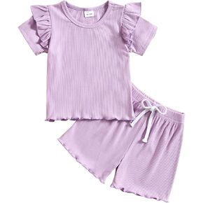 Toddler Baby Girls Summer Clothes Ribbed Knit Ruffle Short Sleeves T-shirt + Shorts Outfits Set