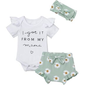 WIQI Baby Girl Summer Outfits Letter Pattern Short Sleeve Bodysuit Romper Tops Floral Shorts Pants 3PCS Clothes Set