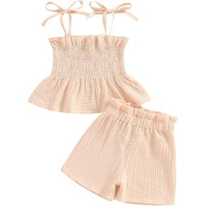 Hoanselay Toddler Baby Girl Summer Clothes Sleeveless Ruffle Crop Top and Cotton Linen shorts set Solid Color Outfit