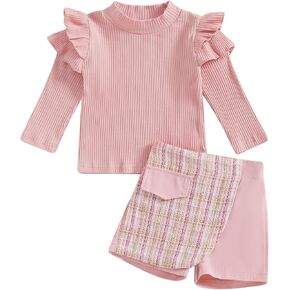 Toddler Baby Girl Outfit Solid Color Knit Ribbed Long Sleeve TShirt Blouse Plaid Shorts Infant Fall Winter Clothes