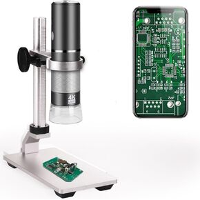 WiFi USB Digital Handheld Microscope with Professional Microscope Stand, 50 to 1000x Wireless Magnification Endoscope 4K 3840x2160P Camera 8 LEDs with Metal Stand for iPhone iPad Android Mac W