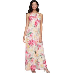 S.L. Fashions Women's Sleeveless Halter Neck Long Maxi Dress with Beaded Neckline (Petite and Regular Sizes)