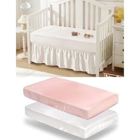 SiinvdaBZX 2 Pcs Satin Crib Sheets Bundle 2-Piece Set White Satin Crib Sheets and Crib Skirt, Fit for Standard Crib & Toddler Mattress