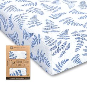 Margaux & May Organic Muslin Cotton Baby Crib Sheet, Blue Fern Print, Fitted, Breathable, Toddler Bedding, 52 x 28, Deep Pocket, Organic Crib Sheets for Cozy Sleep