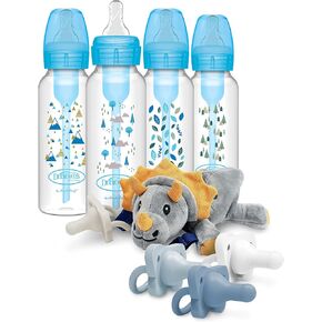 Dr. Brown’s Natural Flow® Anti-Colic Options+™ Narrow Baby Bottles 8 oz/250 mL, Blue Nature 4 Pack, with HappyPaci Pacifiers and Lovey Holder, Triceratops