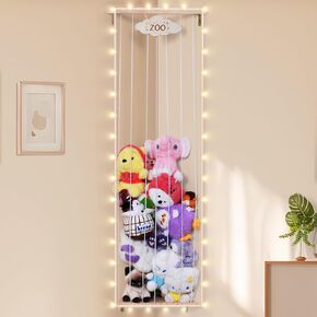 Minetom Corner Stuffed Animal Storage Toy Organizer, Stuffed Animals Organizer with LED Light, Corner Kids Plushies Toys Wall Hanging with Adjustable Length for Nursery Playroom Bedroom