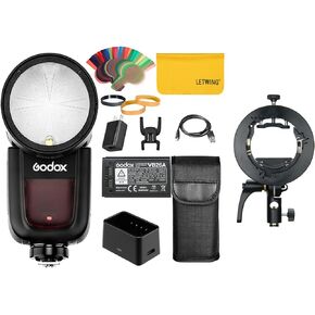 Godox V1-S Round Head Camera Flash for Sony, 2.4G 1/8000 HSS TTL Sony Flash Speedlite with Godox S2 Speedlite Bracket, 480 Full Power Shots, 10 Level LED Modeling Lamp Compatible for Sony Camera