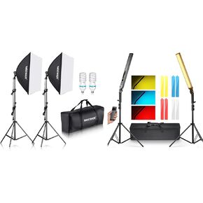 NEEWER 700W Equivalent Softbox Lighting Kit with LED Video Light Stick 2 Pack Handheld Dimmable 3200K~5600K CRI97+, Photography Continuous Lighting Kit for Photo Video Shooting