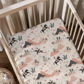 Western Cactus Hats Stars Pattern Baby Sheets for Crib, Unisex Western Theme Nursery Fitted Bed Sheet for Boys Girls Standard Crib and Toddler Mattress-28x52