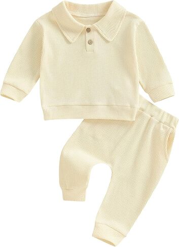 Toddler Baby Boy Fall Clothes 2 Piece Waffle Knit Outfit Solid Long Sleeve Button Front Pullover Top And Pants Set in Saudi Arabia