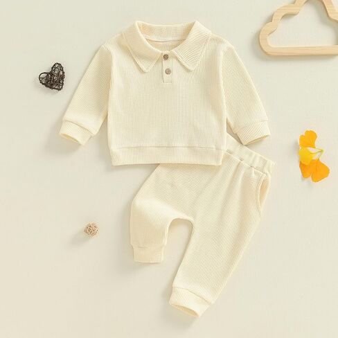 Toddler Baby Boy Fall Clothes 2 Piece Waffle Knit Outfit Solid Long Sleeve Button Front Pullover Top And Pants Set in Saudi Arabia