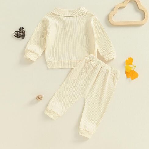Toddler Baby Boy Fall Clothes 2 Piece Waffle Knit Outfit Solid Long Sleeve Button Front Pullover Top And Pants Set in Saudi Arabia