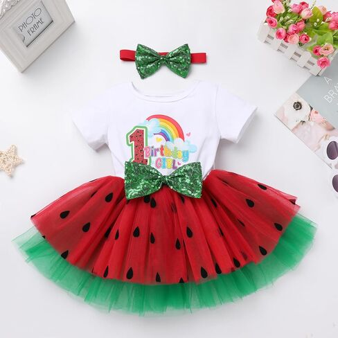 Obeeii Baby Girls Watermelon 1st 2nd 3rd Birthdy Party Tutu Dress مع طفل عداء صغير قوس قزح Smash Smash Outfit in Kuwait