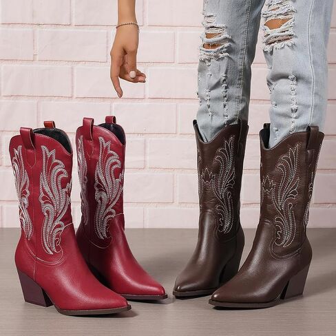Women Cowboy Boots Mid Calf Cowgirl Boot Western Embroidered Pointed Toe Chunky Heel Pull On Wid Calf Ladies Boots in Saudi Arabia
