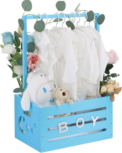 Wooden Baby Shower Crate Closet, Baby Shower Basket with Handle & Rack Hangers & Garland & Letter Cards Wooden Crate for Baby Shower Gifts Toy Storage Box Welcome Newborn Parents Party - Blue in Saudi Arabia