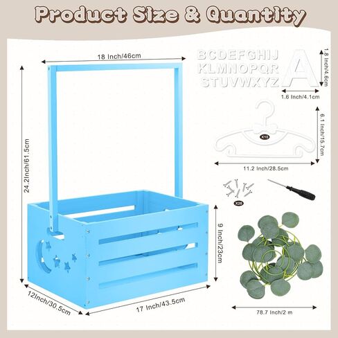 Wooden Baby Shower Crate Closet, Baby Shower Basket with Handle & Rack Hangers & Garland & Letter Cards Wooden Crate for Baby Shower Gifts Toy Storage Box Welcome Newborn Parents Party - Blue in Saudi Arabia