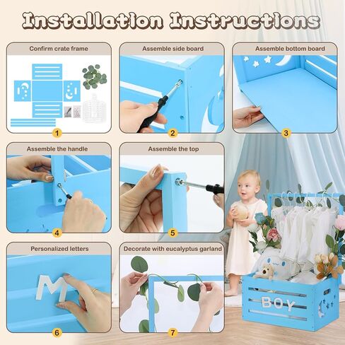 Wooden Baby Shower Crate Closet, Baby Shower Basket with Handle & Rack Hangers & Garland & Letter Cards Wooden Crate for Baby Shower Gifts Toy Storage Box Welcome Newborn Parents Party - Blue in Saudi Arabia