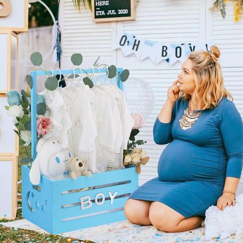 Wooden Baby Shower Crate Closet, Baby Shower Basket with Handle & Rack Hangers & Garland & Letter Cards Wooden Crate for Baby Shower Gifts Toy Storage Box Welcome Newborn Parents Party - Blue in Saudi Arabia