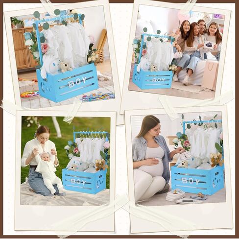 Wooden Baby Shower Crate Closet, Baby Shower Basket with Handle & Rack Hangers & Garland & Letter Cards Wooden Crate for Baby Shower Gifts Toy Storage Box Welcome Newborn Parents Party - Blue in Saudi Arabia