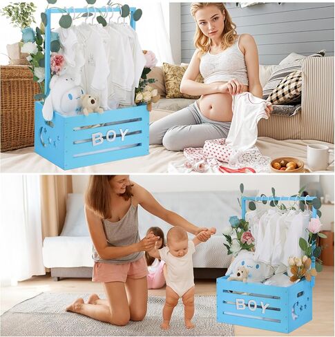 Wooden Baby Shower Crate Closet, Baby Shower Basket with Handle & Rack Hangers & Garland & Letter Cards Wooden Crate for Baby Shower Gifts Toy Storage Box Welcome Newborn Parents Party - Blue in Saudi Arabia